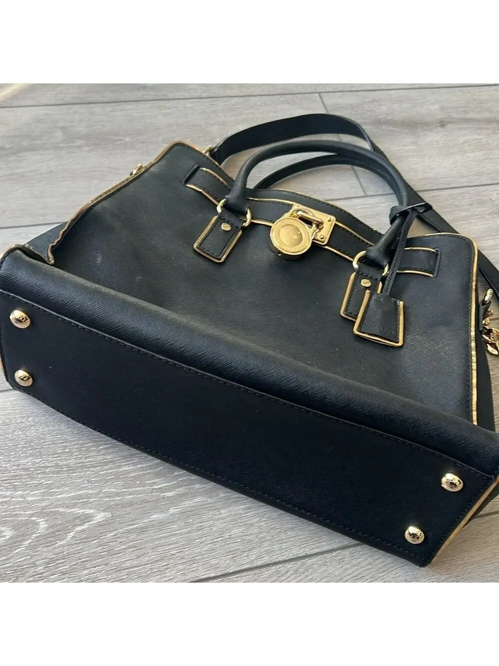 Michael Kors Black Leather Hamilton satchel Handbag with chain strap